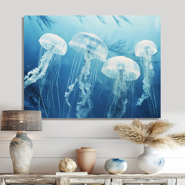 Four White Jellyfish Floating To The Ocean Surface Sunlight - Blue Jellyfish Wall Art